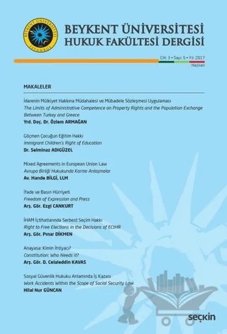 Beykent Üniversitesi Hukuk Fakültesi Dergisi Cilt:3 - Sayı:5 – Seçkin Yayıncılık kitap kapağı