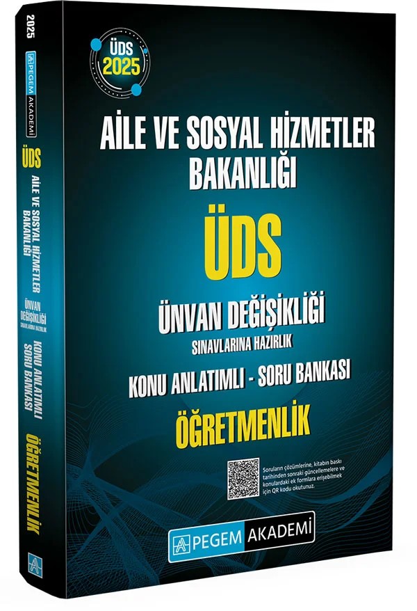 2025 ÜDS Aile ve Sosyal Hizmetler Bakanlığı Ünvan Değişikliği Sınavlarına Hazırlık Konu Anlatımlı Soru Bankası Öğretmenlik – komisyonumuz tarafından hazırlanmıştır. Sınava girecek olan adaylarımızın, yayınımızda bulunan mevzu – Pegem Akademi Yayıncılık kitap kapağı