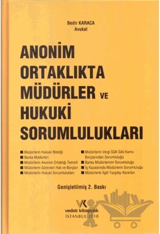 Anonim Ortaklıkta Müdürler ve Hukuki Sorumlulukları – Bedir Karaca – Vedat Kitapçılık kitap kapağı